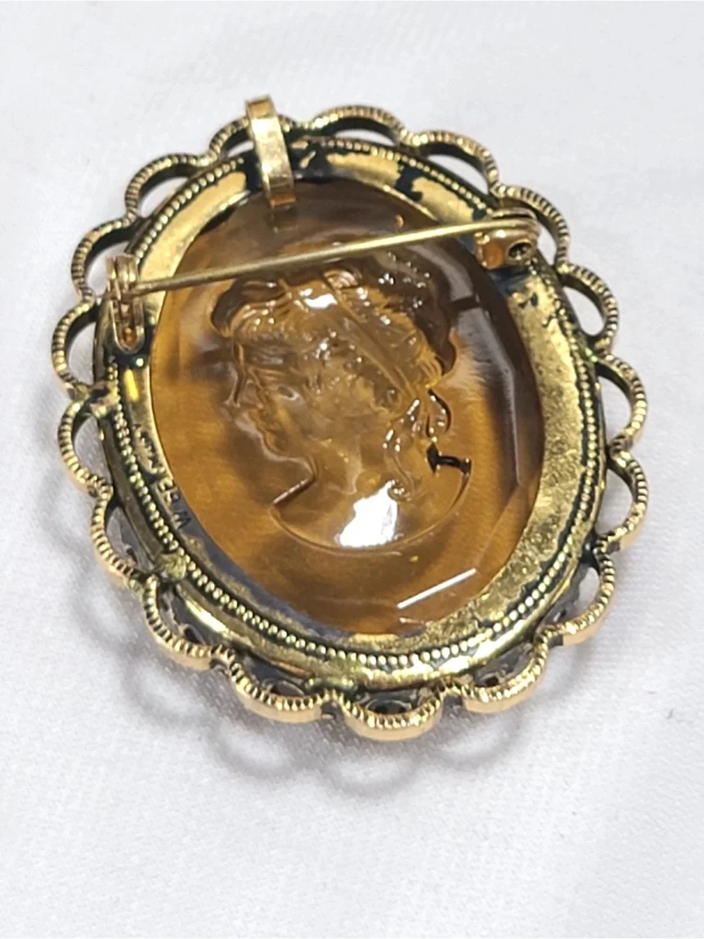 W. GERMANY Vintage Victorian-Style Amber Intaglio Glass Cameo Brooch/Pendant